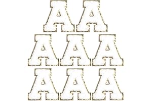 YUMTTERO 8 Pcs Self Adhesive Chenille Letter Patches 2.16 inch Glitter Varsity Preppy Letter Patches Stick for Clothes Jeans Hats Laptop Phone Case Fridge Repairing and DIY Decorating Accessories,White A