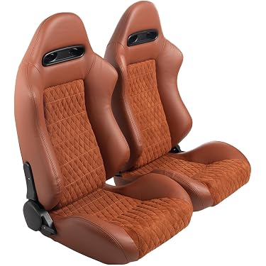 2x Tanaka Universal Premium Tan PVC Leather Reclining Racing Seats - With Sliders