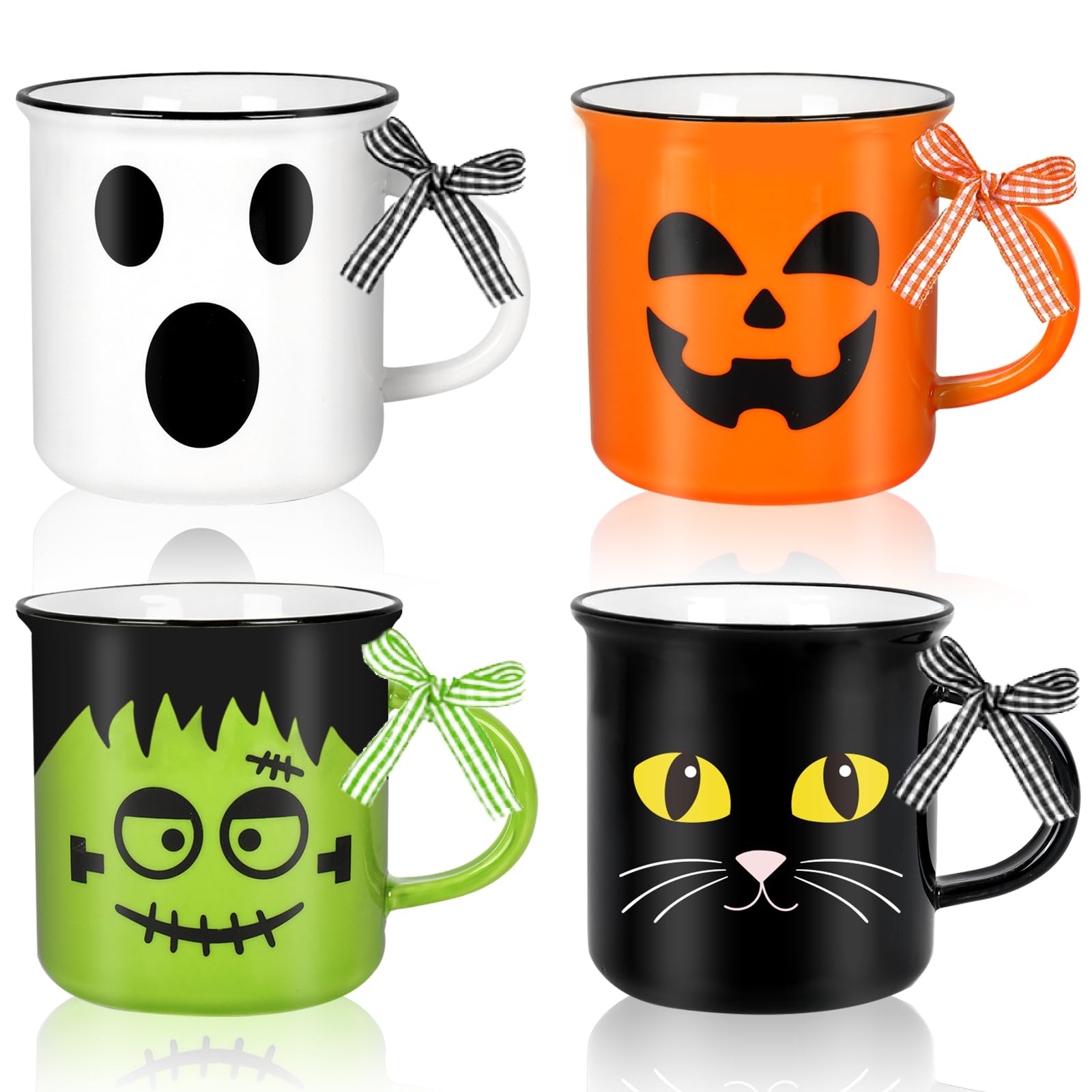 Photo 1 of Whaline 4Pcs Halloween Mini Mugs with Plaid Ribbon Cat Monster Ghost Pumpkin Mini Coffee Mug Halloween Party Cups for Table Centerpieces Tiered Tray Decor Gifts