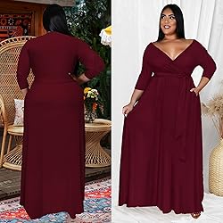 Runwind Plus Size Maxi Dress Sexy 3/4 Sleeve V Neck