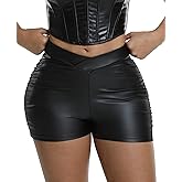 Zebaexf Women's Ruched Faux Leather Shorts High Waist Black Sexy Mini PU Leather Legging Shorts