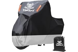 Tokept Motorcycle Cover - Waterproof Outdoor Storage Bag, Made of Heavy Duty Material with Locking Holes and Reflective Strip, Fits 91 inch Harley Davidson and All Motors (Black&Silver L)