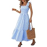 Caracilia Womens Summer Casual Maxi Dress Ruffle Spaghetti Strap Gingham Smocked Long Dresses 2026 Spring Vacation Sundress