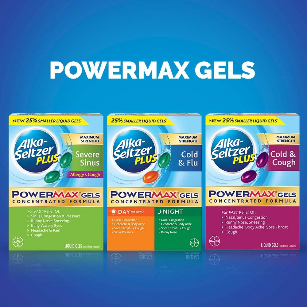 Alka-seltzer Maximum Strength PowerMax Gels with Acetaminophen, Day + Night Cold and Flu Medicine for Adults, 24 Count: Health & Personal Care