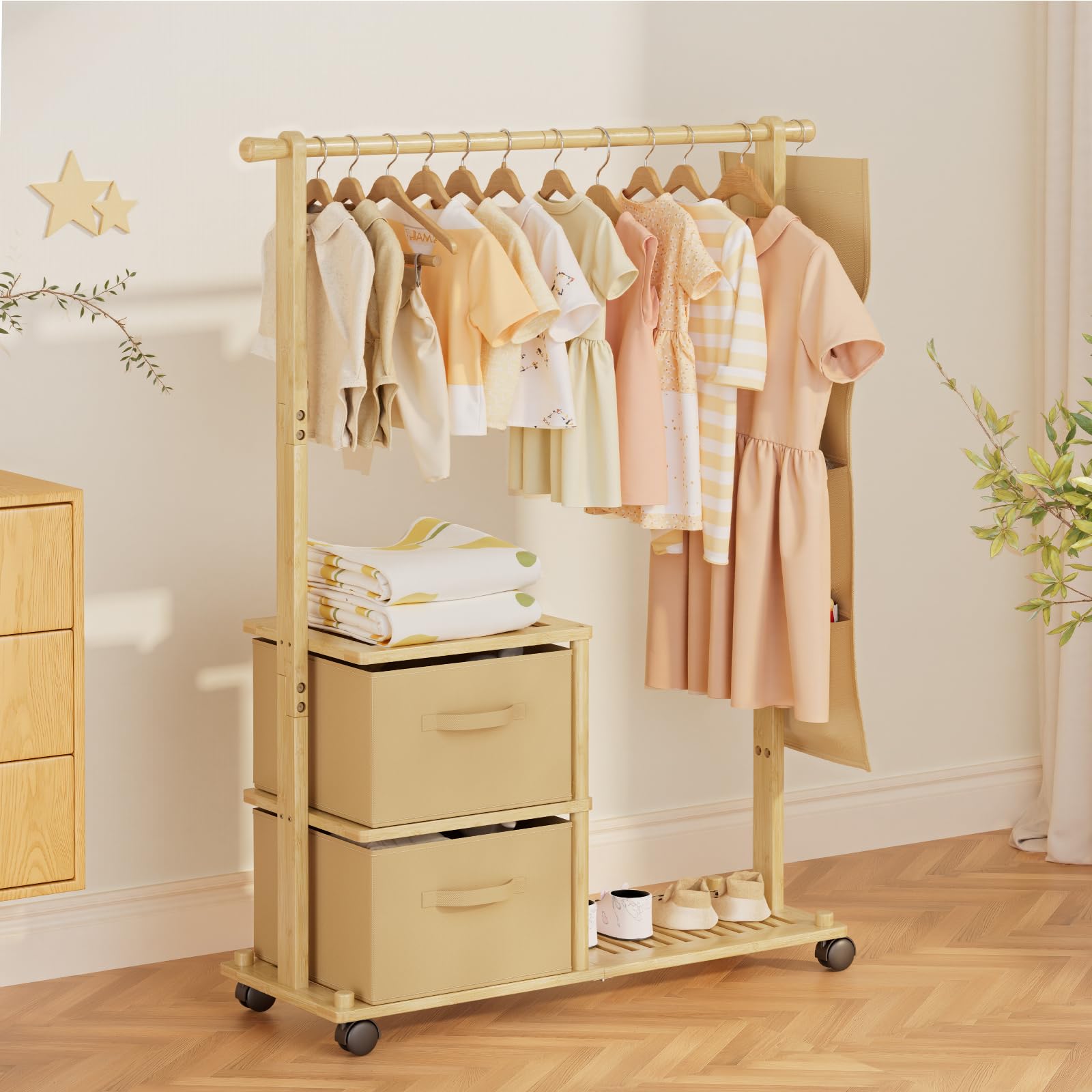 Photo 1 of Amazer Bamboo Kids Clothing Rack with Storage Box, Toddler Dress up Rack, Portable Rolling Clothes Rack for Hanging Clothes, Baby Closet, Dress Up Storage, Kids Wardrobe for Girls Boys