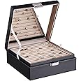 BEWISHOME Ring Organizer and Earring Box Holder - 11 Ring Slots, 25 Earring Compartments, Large Mirror, 2 Layers Jewelry Box Tray Cufflinks Storage for Girls Women Men, Black Faux Leather SSH21B