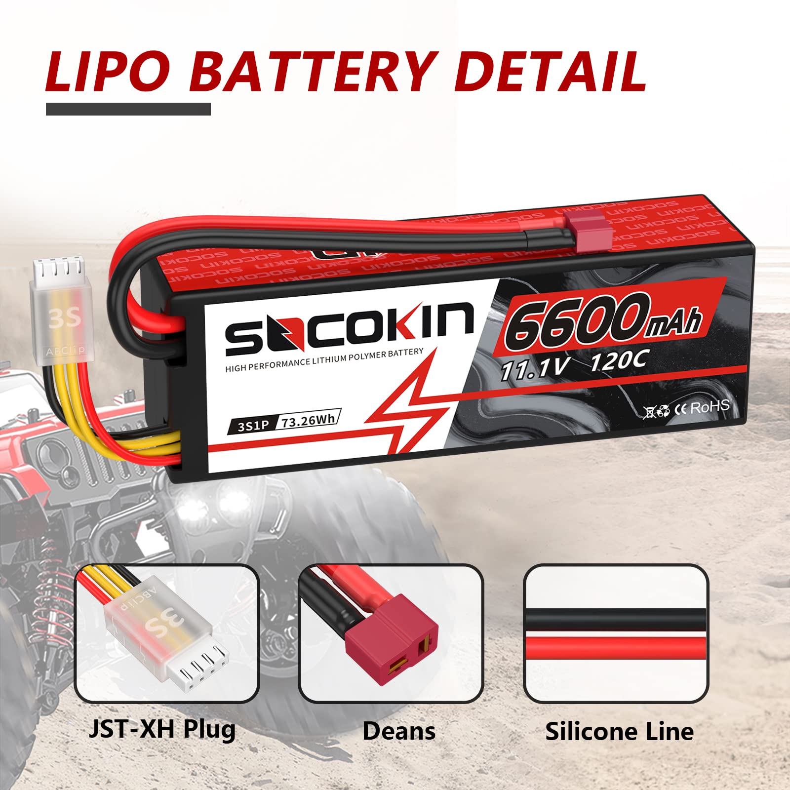 SOCOKIN 3S Lipo Battery 6600mAh 11.1V 120C with T