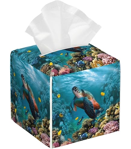Sea Turtle Wave Tissue Box Cover - Coastal Beach Bathroom Decor, Resin, Fits Standard Square Boxes