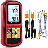 Thermocouple Thermometer Digital K Type Thermocouple,Dual Channel Thermocouple Tester(-238~3212℉) with 4 K-Type Thermocouples LCD Display Temperature Tester for K/J/T/E/R/S/N Type
