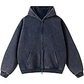 Wyeysyt Women Zip Up Hoodie Oversized Acid Wash Vintage Fleece Sweatshirt Heavyweight Cotton Casual Jackets