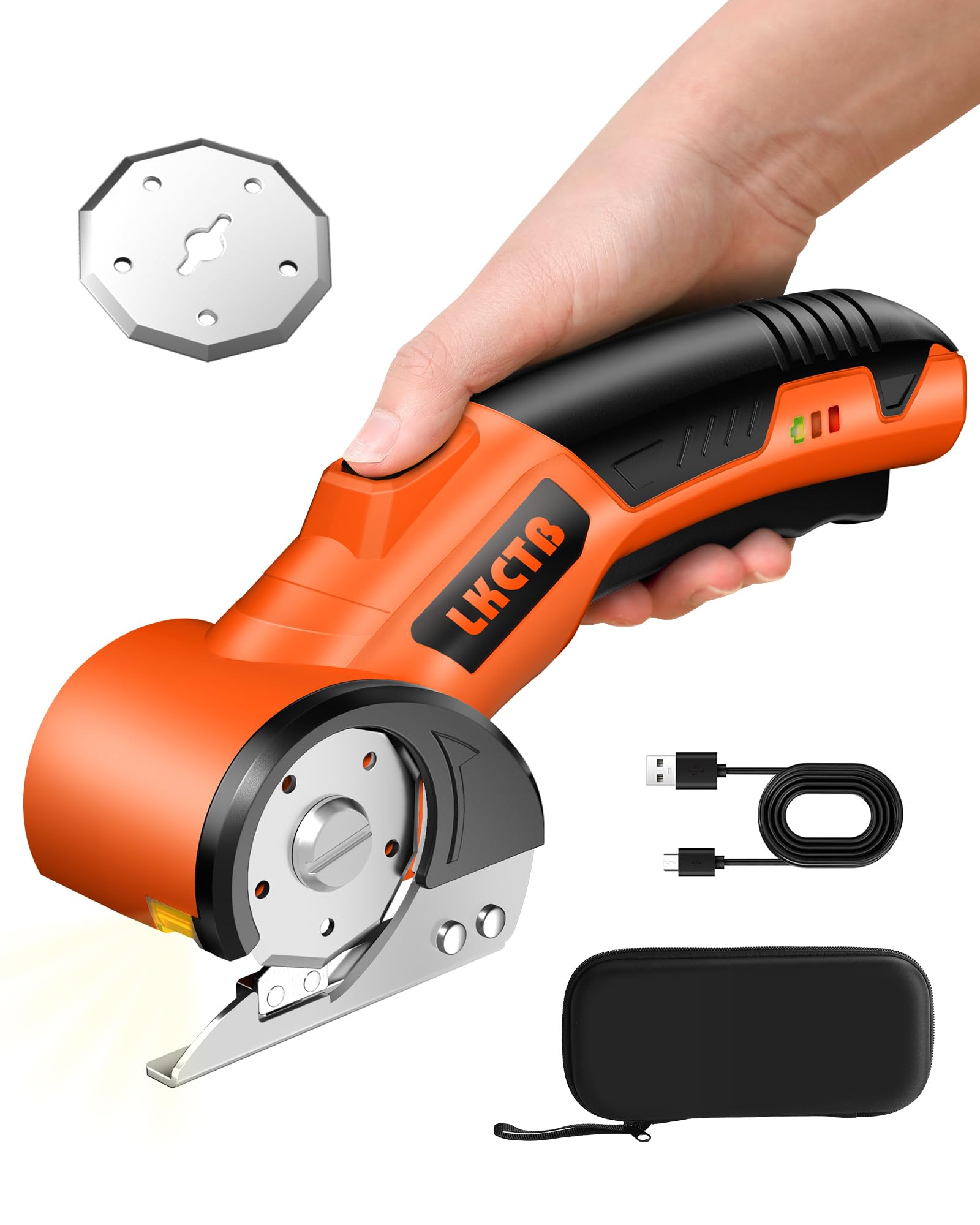 Photo 1 of LKCTB Electric Cardboard Cutter Scissors with LED Light, 2600mAh Rechargeable Battery, Brushless Motor, Tungsten Steel Blade, Cuts Cloth, Leather, Carpet, light orange