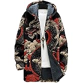 domirica Mens Hooded Cardigan Japanese Art Zip Up Long Sleeve Sweater Hoodie Dragon Print Coat with Pockets
