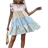SOLY HUX Women's Summer Dress Color Block Striped Ruffle Cap Sleeve Crewneck Babydoll Loose Flowy Short Dresses