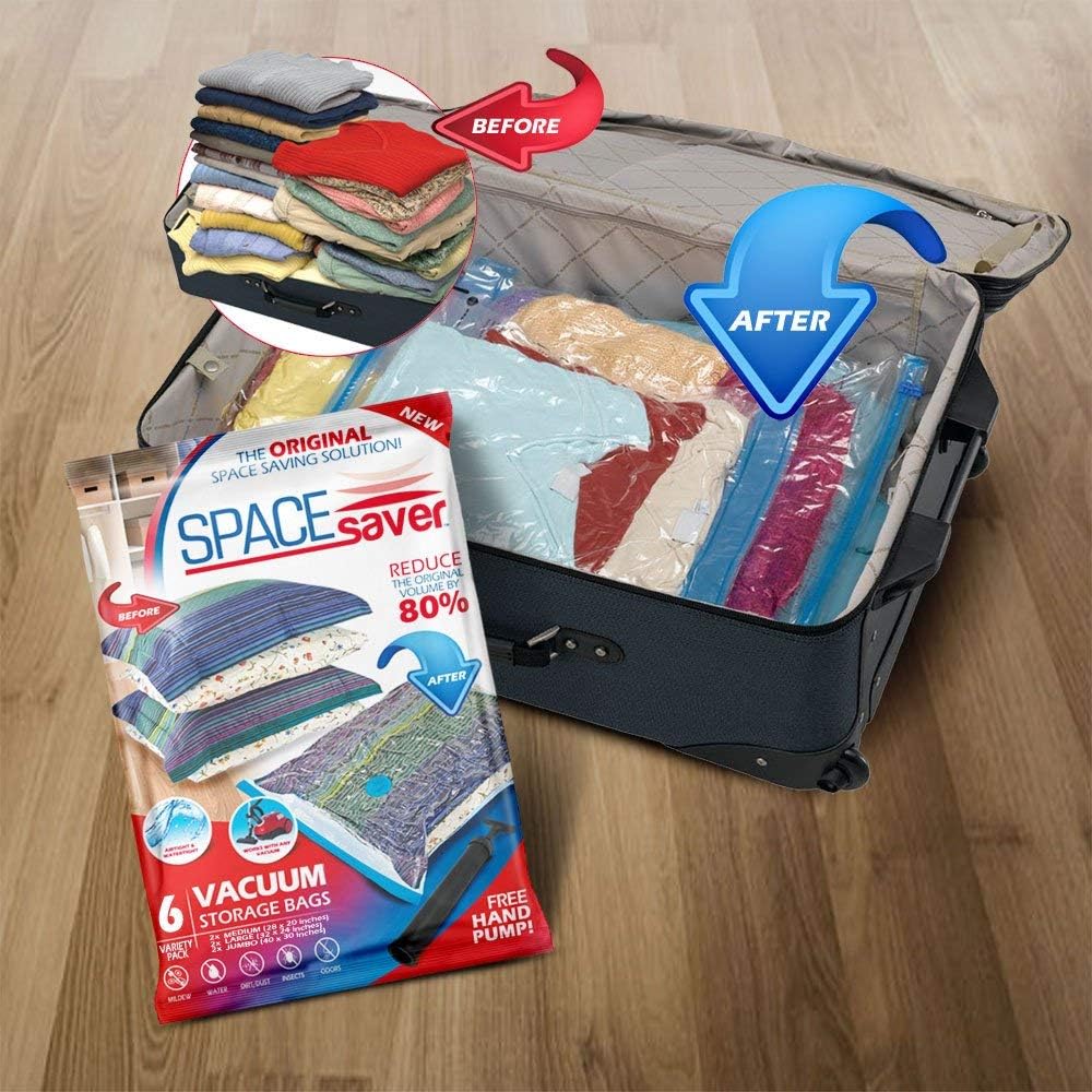 Spacesaver Premium Vacuum Storage Bags 6 Pack (2 x Medium, 2 x Large, 2 x Jumbo) 80% More Storage! Hand-Pump for Travel! Double-Zip Seal and Triple Seal Turbo-Valve for Max Space Saving! (6 Pack): Home & Kitchen