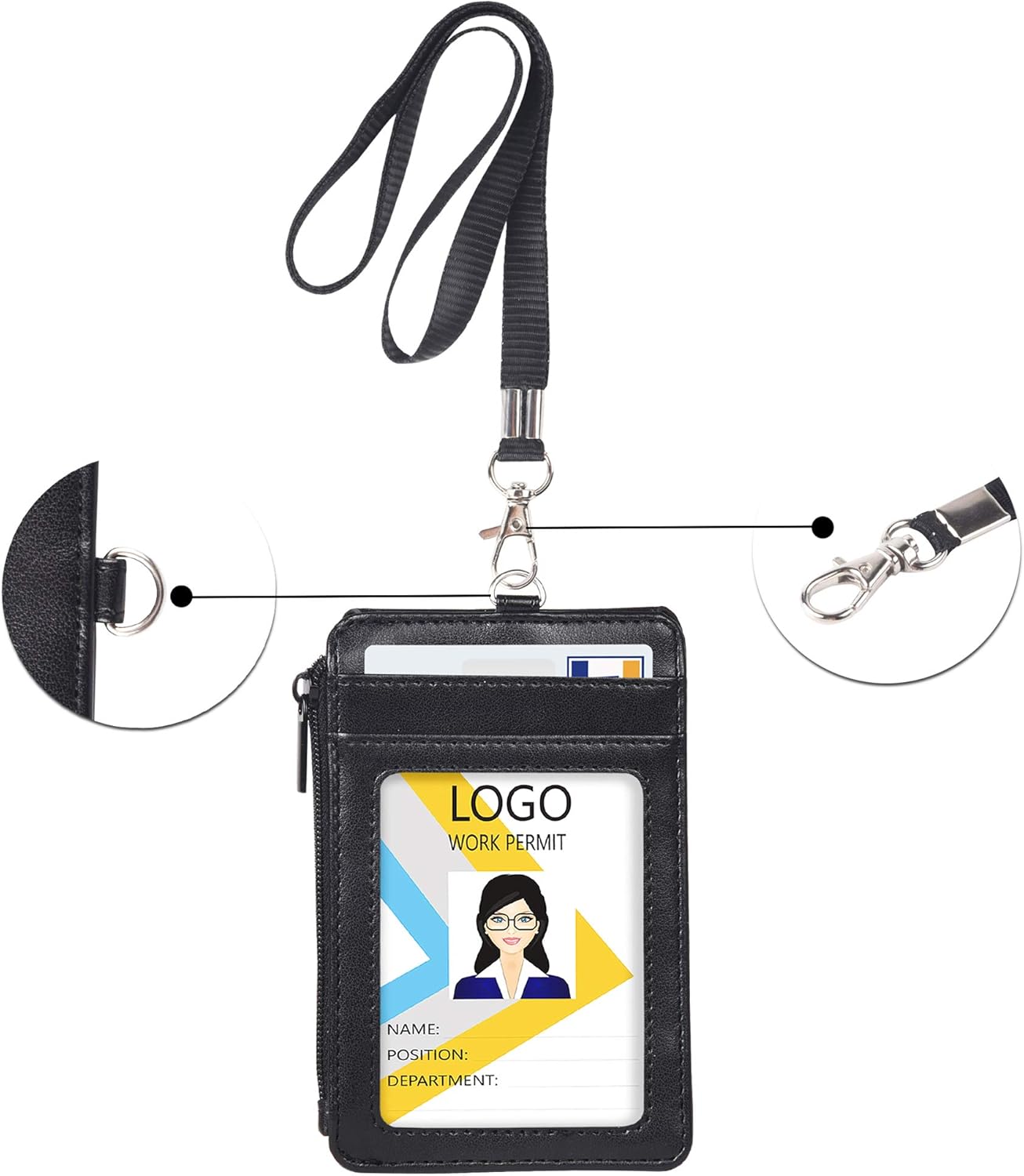 Leather Badge Holder with Zipper Pocket, 1 Clear ID Window and 3 Card Slots with Secure Cover, Premium Leather ID Holder with Nylon Lanyard for Office School ID, Credit Cards, Driver Licence : Office Products