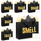 EIiovcnya 5 Senses Gift Bags for Him Her with Labels,Sight Smell Touch Taste Sound Gift Bags with Ribbon Handle,Tissue Paper,Greeting Card for Birthday,Wedding,Christmas,Valentine's Day (Black, 12.6 x 8.7 x 4 Inch)