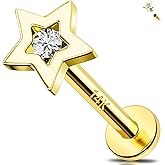 Melighting 14K Solid Gold Helix Piercing 16G Star Internally Threaded Flat Back Earring Clear CZ Tragus Stud Cartilage Conch Lobe Piercing Jewelry for Women 6/8 mm