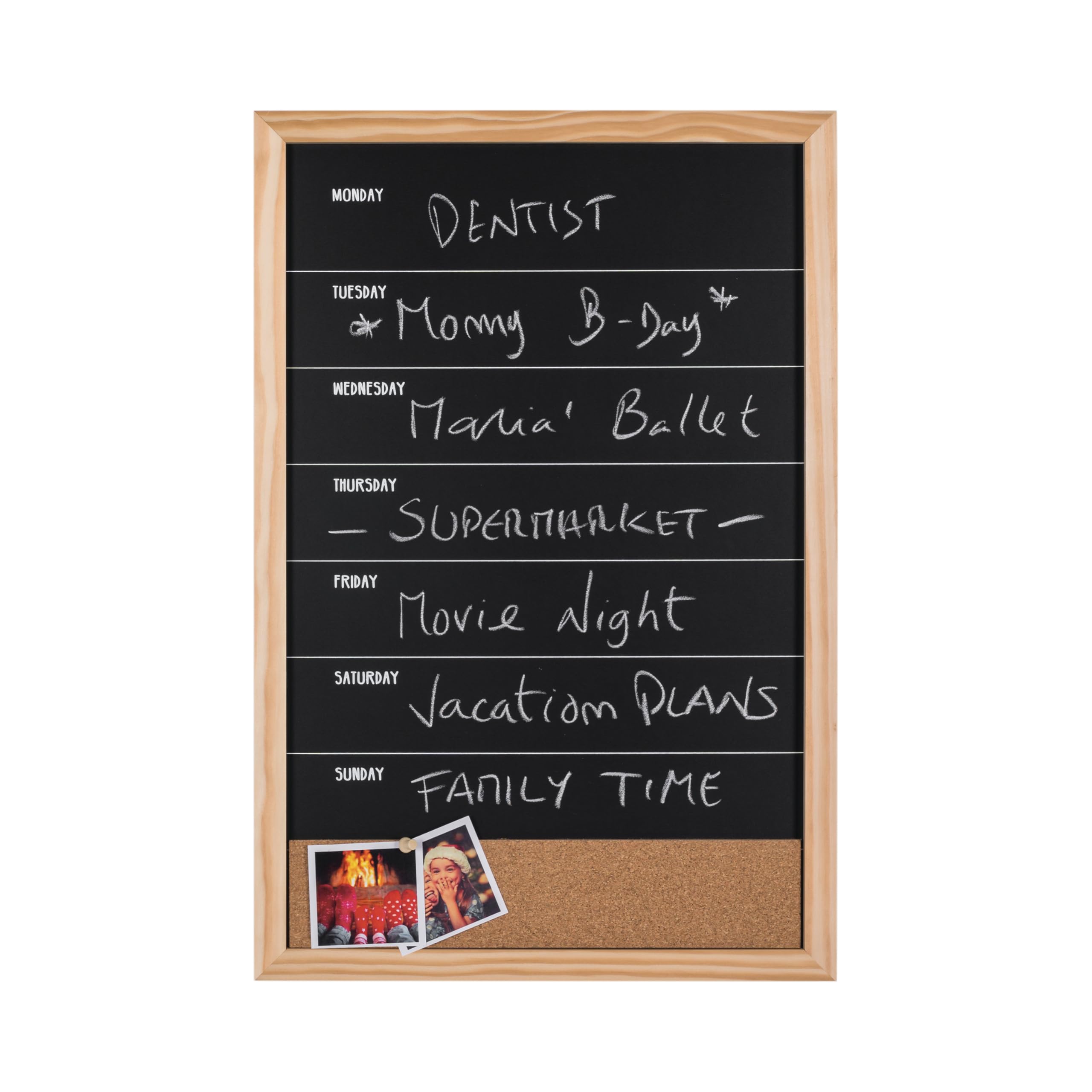 Bi-Office - Combo Chalkboard Week Planner, 400 x 600 mm, Pine Frame