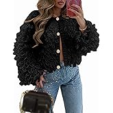 LETSVDO Women's Cropped Fringe Cardigan Sweaters Long Sleeve Knit Tassel Y2k Button Up Open Front Chunky Sweater Jacket