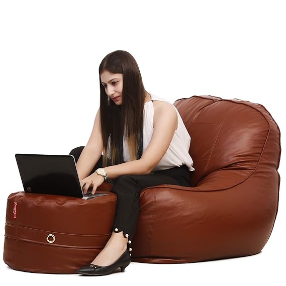 Couchette XXXL Lounge Chair Luxury Bean Bag Cover with Footrest, Without Beans, Brown