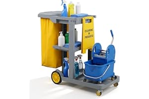 Lilvduybz Janitorial Trolley on Wheels, 3 Tier Commercial Cleaning Cart with Mop Mount, Rubbish Bagand Lid, Max Load 220lbs P