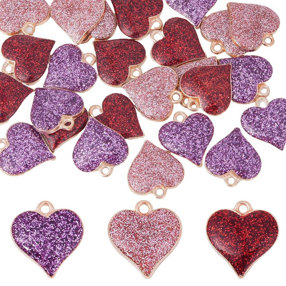 SUNNYCLUE 1 Box 30Pcs Valentines Day 3 Colors Glitter Heart Charms Hearts Charms Alloy Mini Pink Love Charm Bulk Enamel Valentine Charms for jewellery Making Charms Diy Bracelet Earrings Beginners