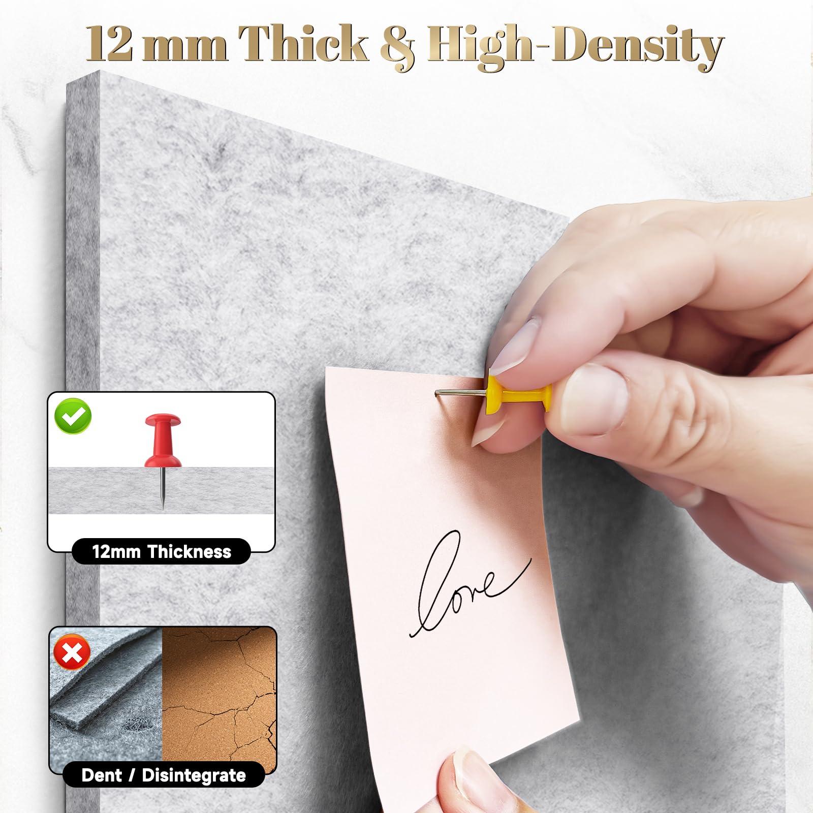 Sliandtelly Filz Pinnwand selbstklebend, 6 Stück Filzwand Korkplatte Mit 60 Pins & Abnehmbaren Klebebändern, Grau Foto Pinnwände Dicke 12mm, 60x90cm, Wandschonend Für Küche Zuhause Büro Schule