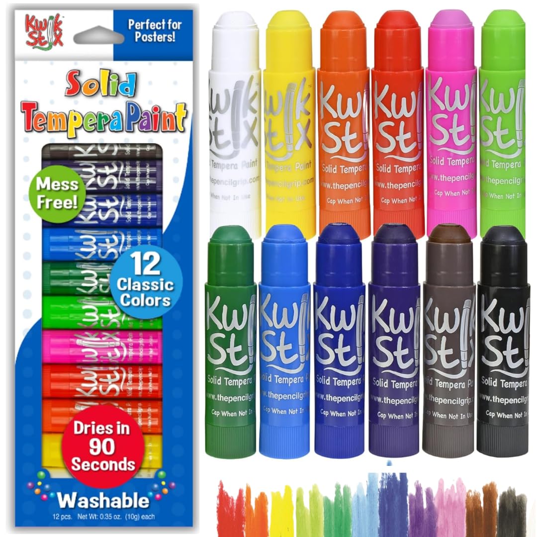 Kwik Stix Solid Tempera Paint Sticks, 12 Colors, Washable Paint Sticks for Kids, Super Quick Drying, Non-Toxic, Allergen Free, Comes in Classic Rainbow Colors, Ideal for Kids and Toddlers