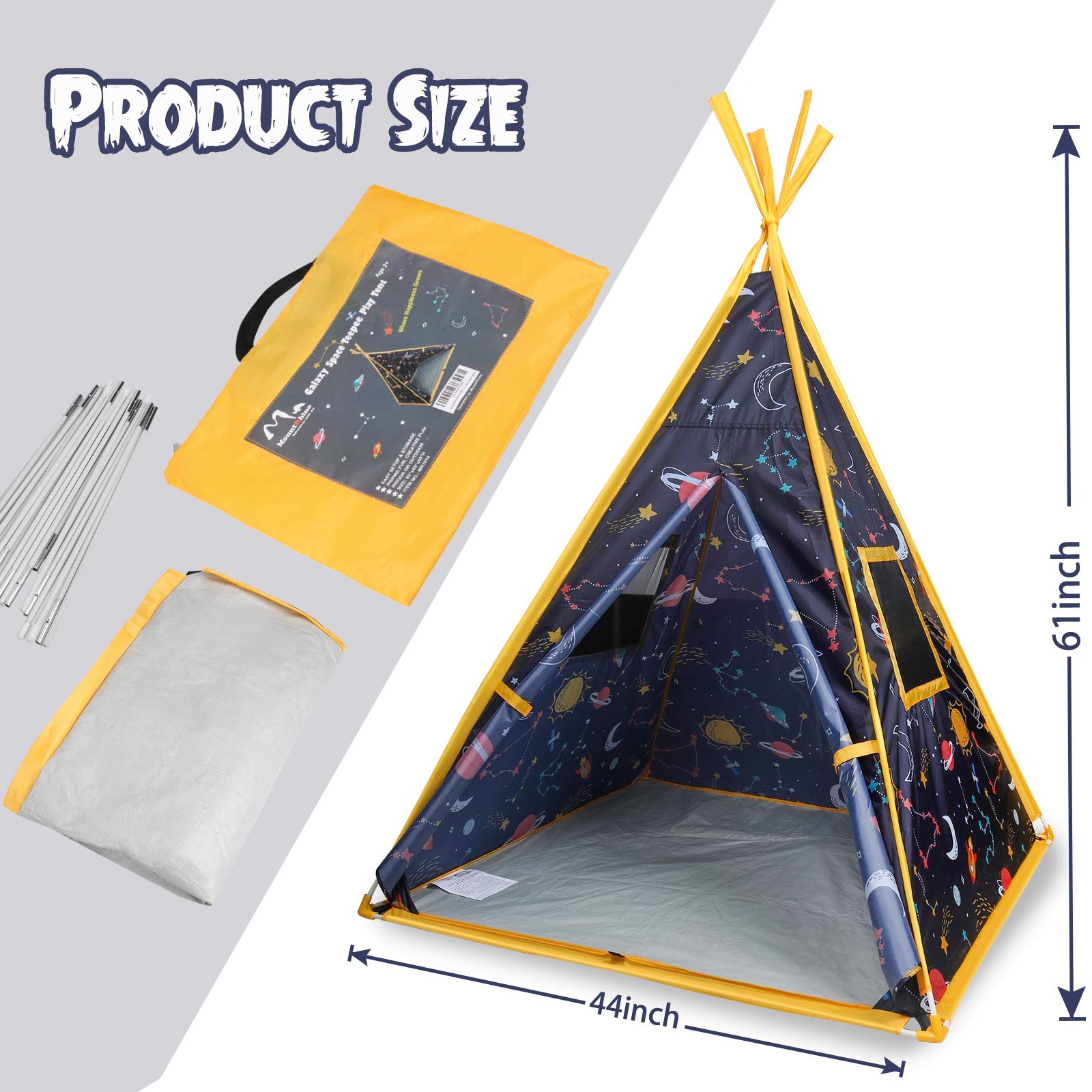 Kids Teepee - 44'x44'x61' Happy Hut Space Play Tent, Indoor/Outdoor Playhouse, Indian-Style Teepee for Boys & Girls