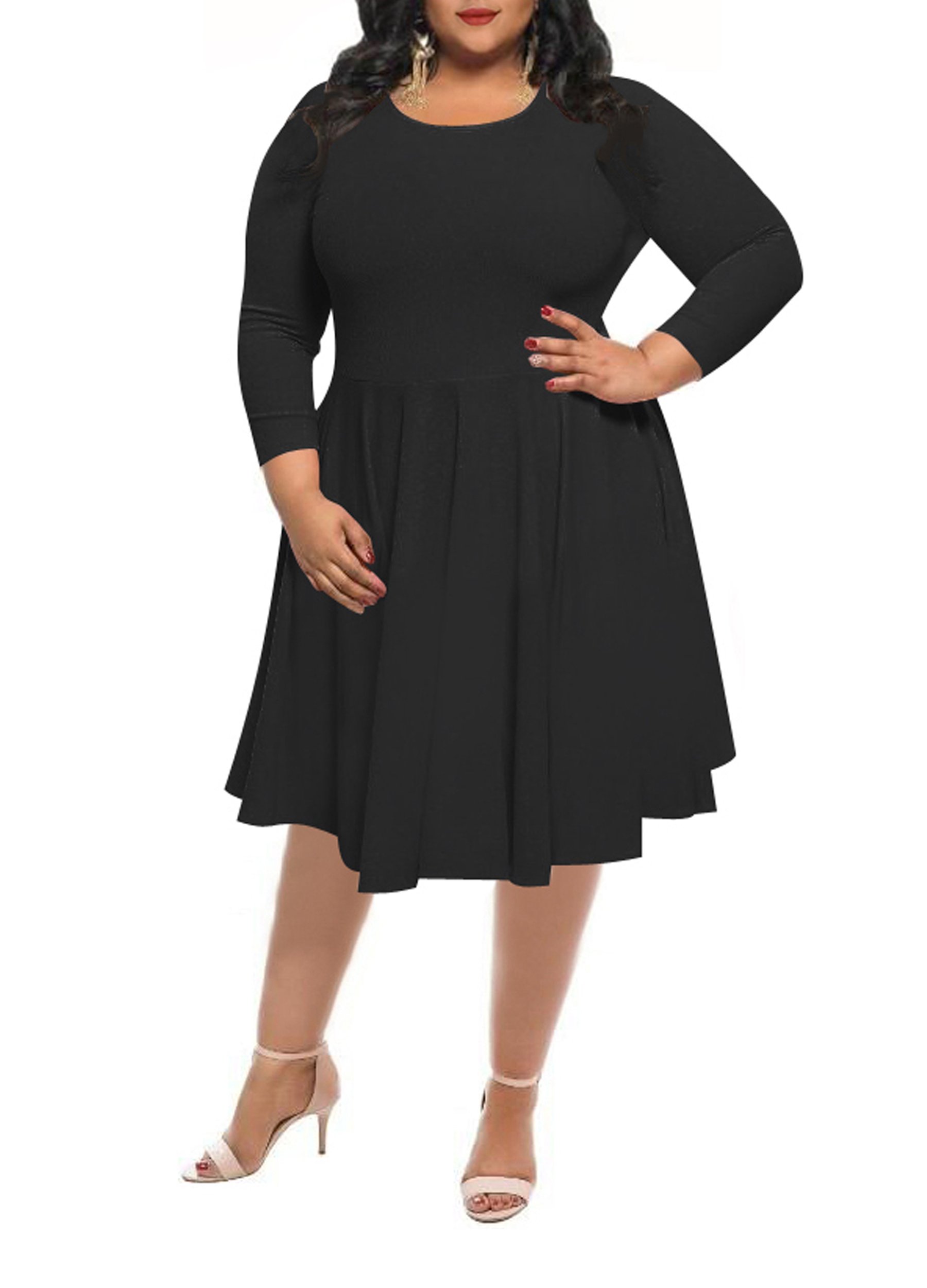 WFTBDREAM Womens Solid Stretch Knee Length Dress with Sleeve Swing Skirt Black 2XL