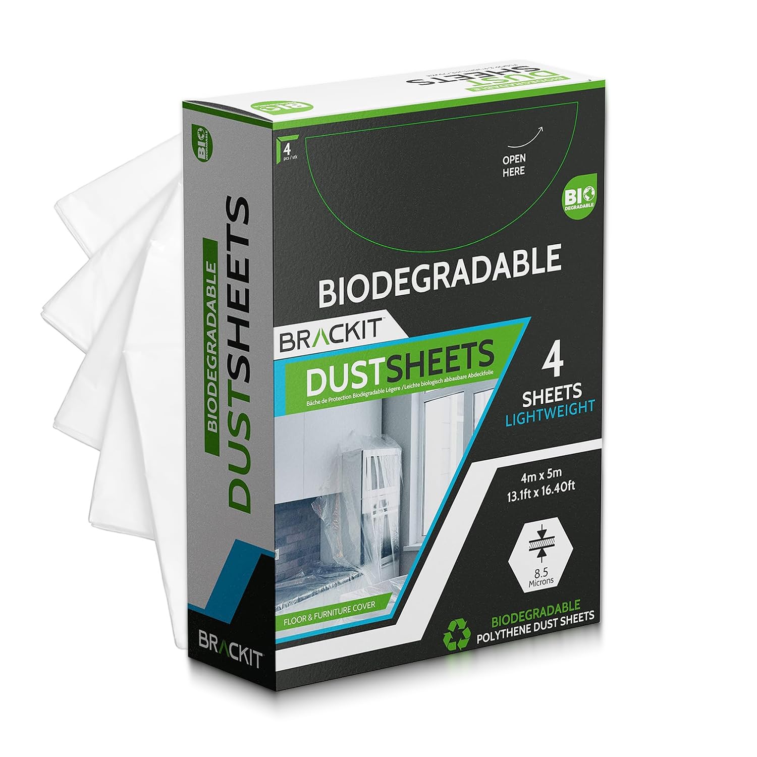 Brackit 4 Pack Biodegradable Dust Sheets, 4x5m (13x16ft), Extra-Large for Furniture and Walls, Waterproof Protectors