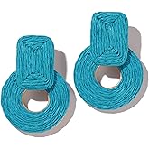 Statement Boho Rattan Dangle Earrings - Handmade Straw Wrap Summer Drop Dangling Earrings for Women