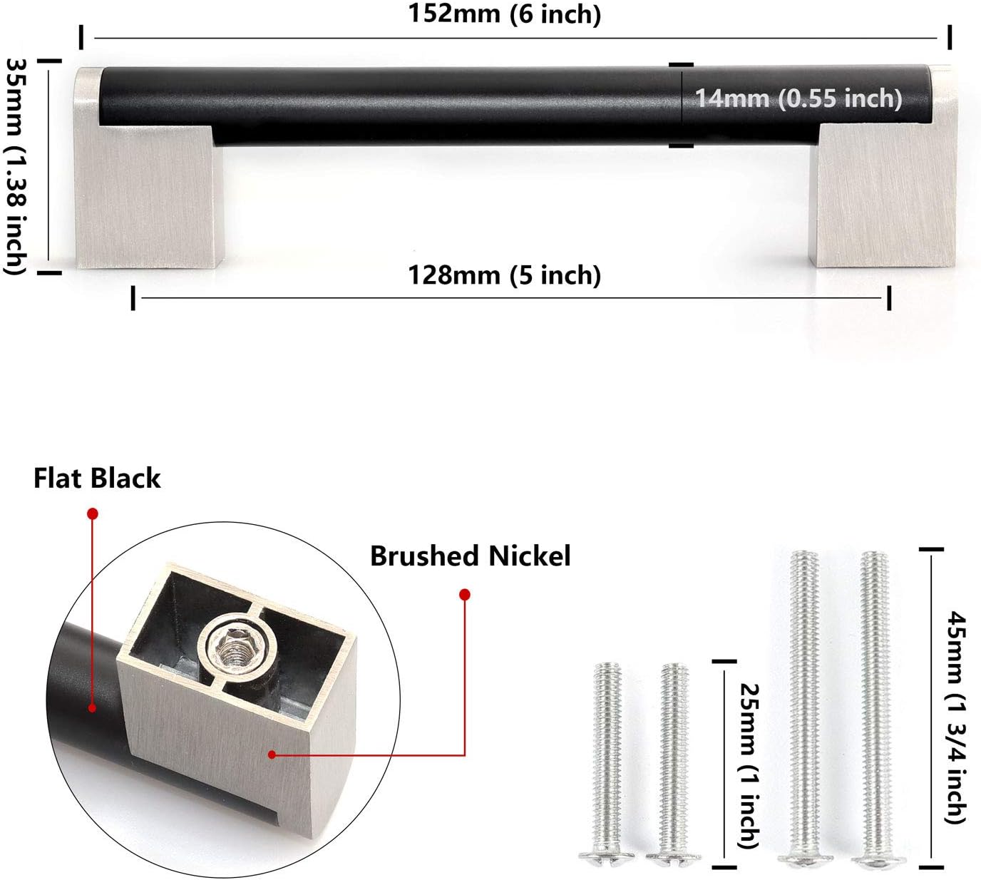 Fulgente Euro Cabinet Handles 5 Inch Stainless Steel Kitchen Cabinet Hardware Drawer Pulls Bathroom Cabinet Handles Matte Black With Brushed Nickel Square Base Hole Spacing 5 128mm 5 Pack Amazon Co Uk Diy