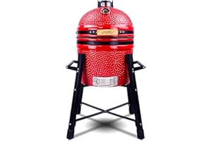 London Sunshine Ceramic Kamado Charcoal BBQ Grill and Smoker, Stainless Steel Grates -15" Ceramic with Tall Stand (RED)