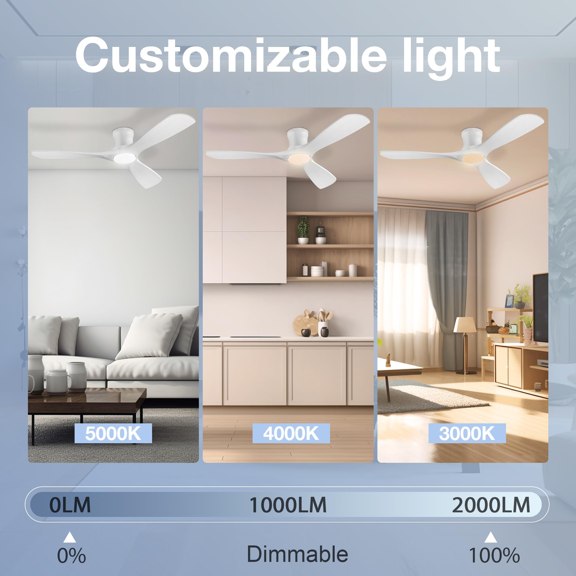 52in Smart Low Profile Ceiling Fans with Lights Remote,Quiet DC Motor,Outdoor Indoor Flush Mount Ceiling Fan,Control with WIFI Alexa App,Dimmable,6-speed,3 White Wood blades,for Modern Bedroom Patio