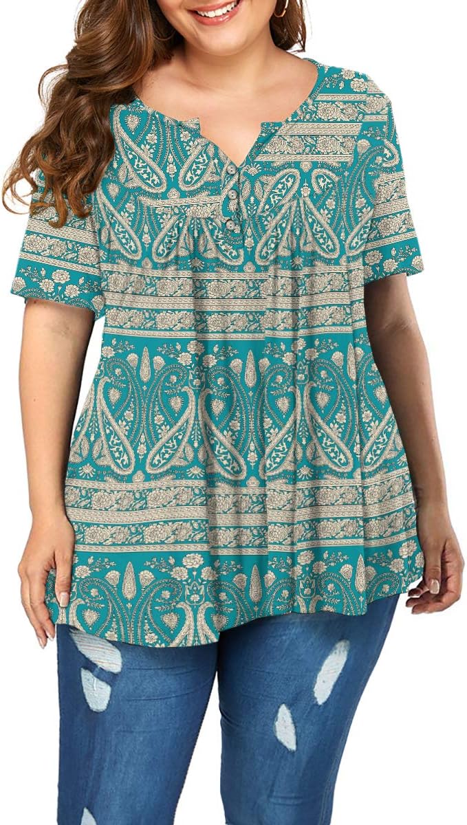 POSESHE Women's Plus Size Henley V Neck Button up Tunic Tops Casual Short Sleeve Blouse Shirts