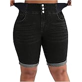 GORGLITTER Women's Plus Size Jean Shorts Stretchy High Waist Roll Hem Denim Bermuda Shorts Bottoms Dressy Casual