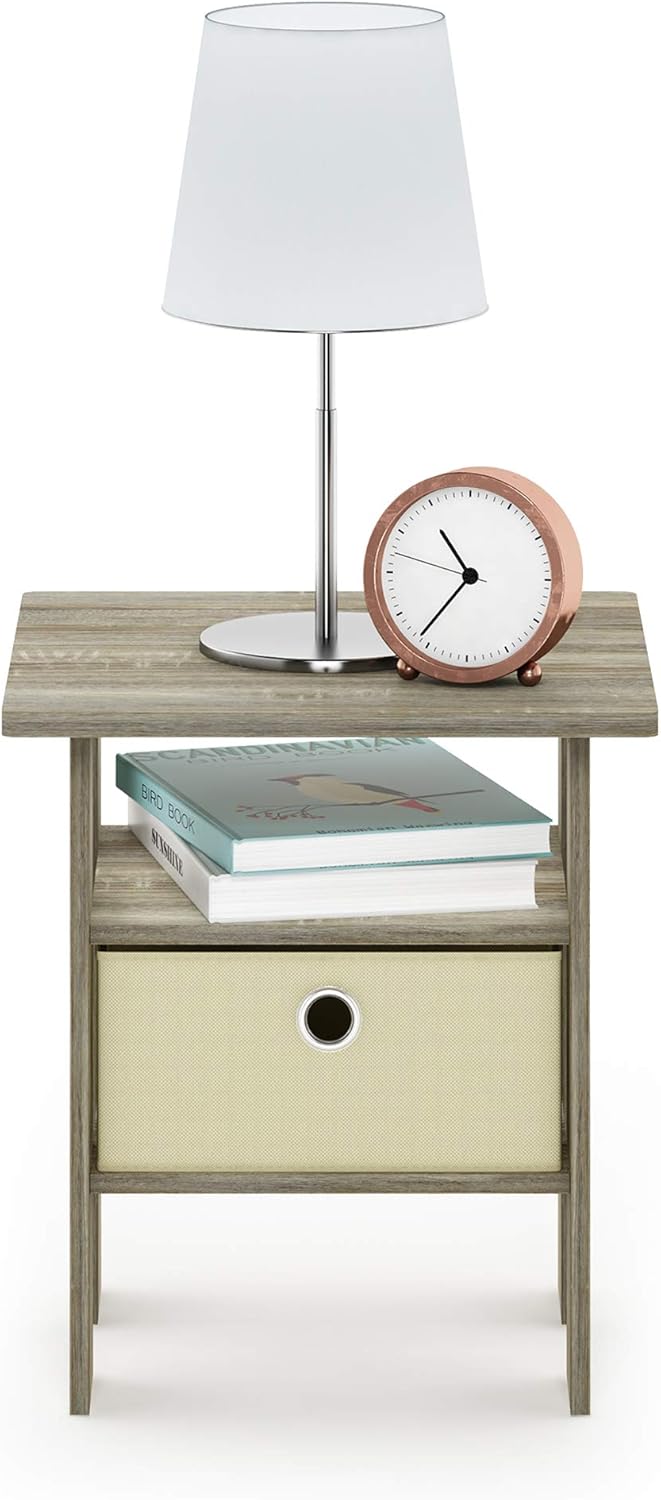 FURINNO Andrey End Table Nightstand with Bin Drawer, 1-Pack, Sonoma Oak/Ivory: Kitchen & Dining