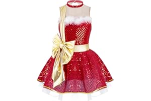 Moggemol Kids Girls Sequins Striped Tutu Dance Dress Figure Skating Dress Christmas Party Candy Cane Costume