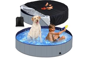 Motionchic Foldable Dog Pool with Round Pool Cover Collapsible Dog Pet Pool Hard Plastic Swimming Pool Puppy Wading Bathing Tub Portable Kiddie Pool for Indoor Outdoor Pets Cats Kids (63 x 12 Inch)
