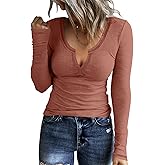 KINLONSAIR Women Casual Long Sleeve Tunic V-Neck Slim Fit T Shirts Basic Tee Tops Crew Neck Ribbed Knit Solid Shirt