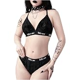 COZYEASE Women's 2 Piece Lingerie Sets Goth Velvet Floral Bra and Panty Set | Wireless Underwear, Goth Panties, Goth Bikini Set, Y2k, Sexy Bra and Panty Sets, Lingerie for Women