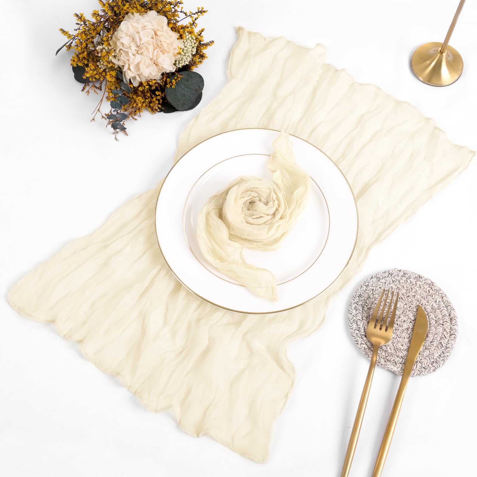 Photo 1 of 60 Pack Gauze Cheesecloth Napkins 20 x 20 Inch Wrinkled Dinner Napkins Rustic Boho Table Napkins Decorative Cloth Napkins for Weddings Parties Event Family Dinner Table Decoration (Ivory)