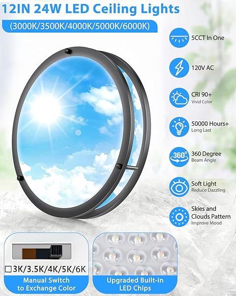 OYKYOHEI 2 PACK 24W LED CEILING LIGHTS FOR OFFICE HALLWAY BEDROOM, 12 INCH DIMMABLE FLUSH MOUNT LED CEILING LIGHT FIXTURE, 6500K/5000K/4000K/3500K/3000K ADJUSTED MODERN LAMPS (CLOUD BLUE SKY COVER)