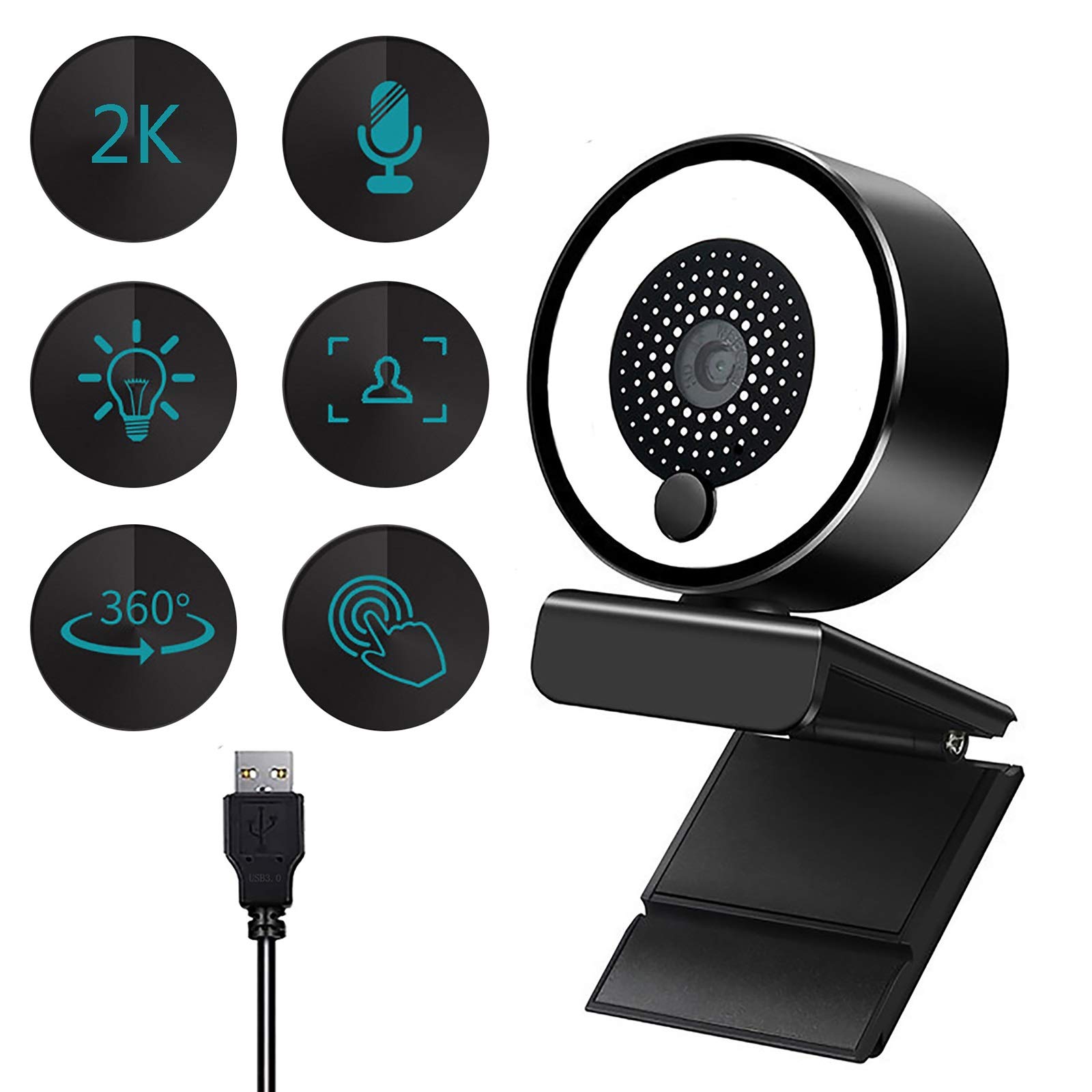 Dragon Technology 2k Ultra Hd USB Webcam With 3 Adjustable Ring Lights, Auto Focus, Dual Noise Reduction Microphones, Suitable for Pc/Mac/Laptop Plug and Play