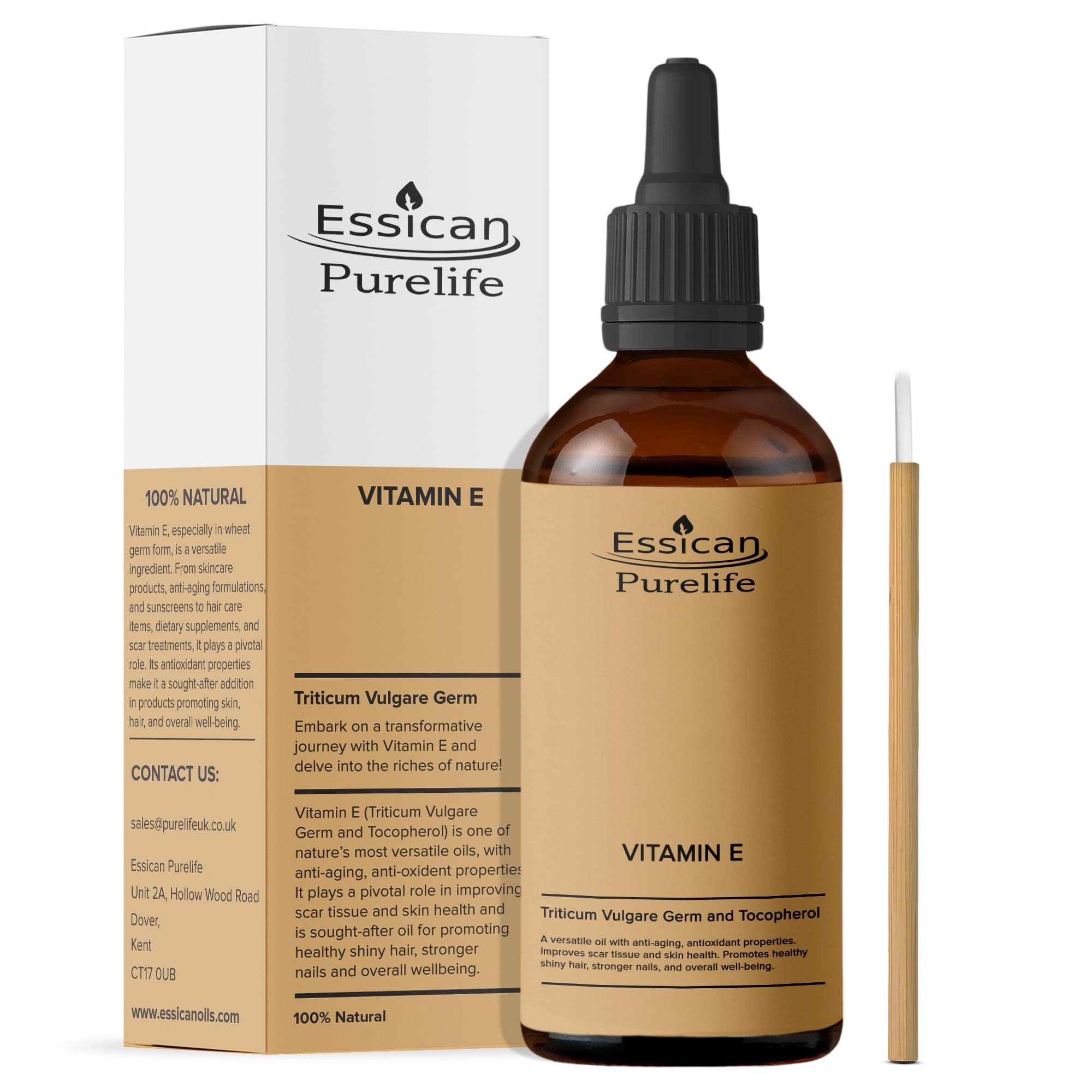 Essican Purelife Pure Vitamin E Oil for Skin, 100ml Natural VIT E Oil for Skin, Hair & Face, Antioxidant Rich, Carrier Oils for Essential Oils Mixing, Supports Hair Growth, Nails & Cuticles