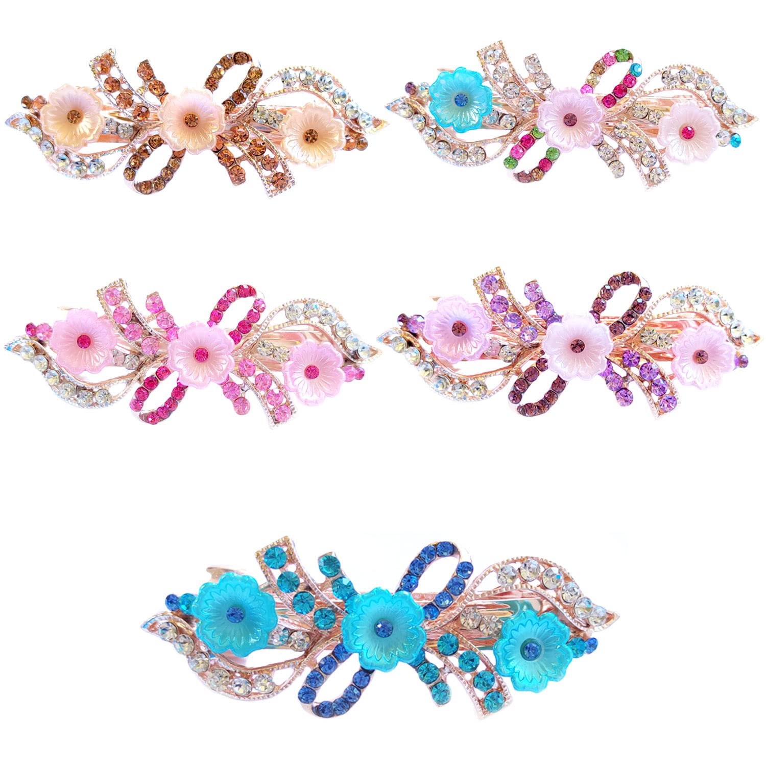 Ventertop Barrettes for Women, 5 Pack Crystal Rhinestone Fancy Hair Clips Clasps Barrettes for Thick Hair, Flower Bow Shaped French Hair Pins Hair Styling Accessories