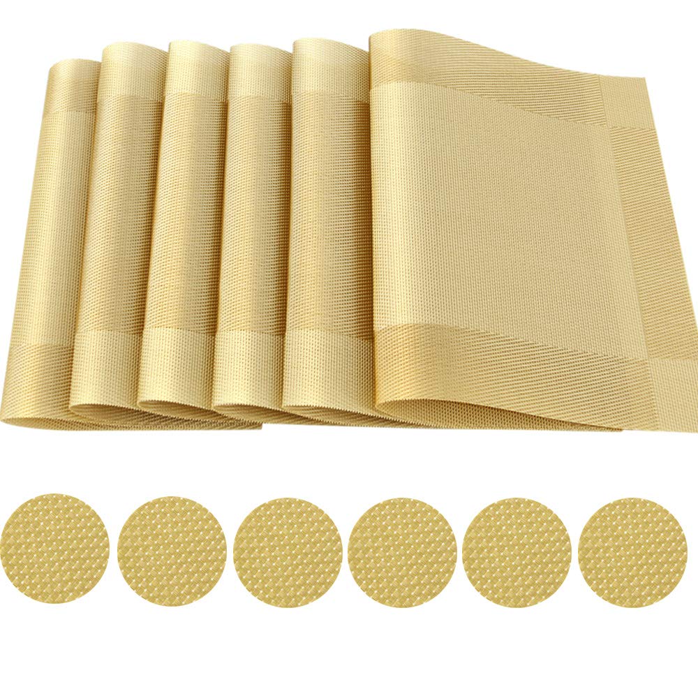Time to Sparkle Set of 12 PCS Vinyl Woven 6pcs Placemats + 6pcs Coasters Place Mats Non slip Table Mats Waterproof Heat-resistant Dining Table Mats Decor(Gold) — image 1