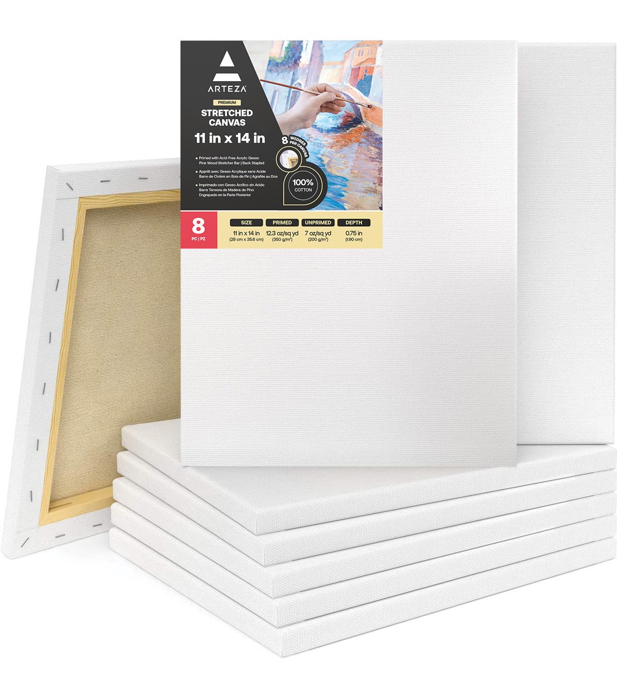 Arteza 28 x 36 cm (11"x14") Premium Stretched Canvas, Bulk Pack of 8, Primed, 100% Cotton for Painting, Acrylic Pouring, Oil Paint & Wet Art Media, Art Supplies for Artist, Hobby Painters & Beginner