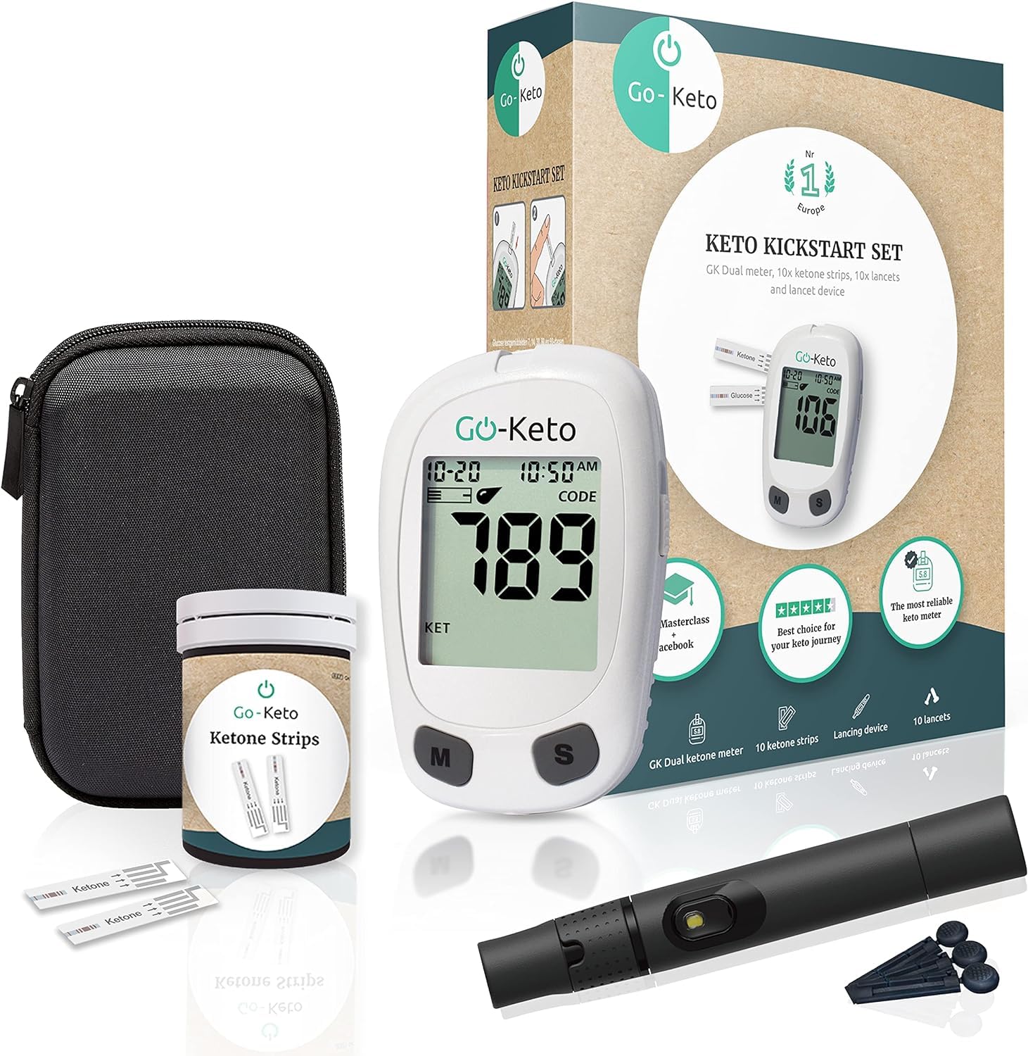 Go-Keto Ketone Kickstart Set (mmol/l) - Ketone Blood Meter, 10 Ketone Test Strips & Accessories in Starter Set, Keto Meter for Ketone Measurement on a Keto Diet, Ketone Check at Home & on the Road